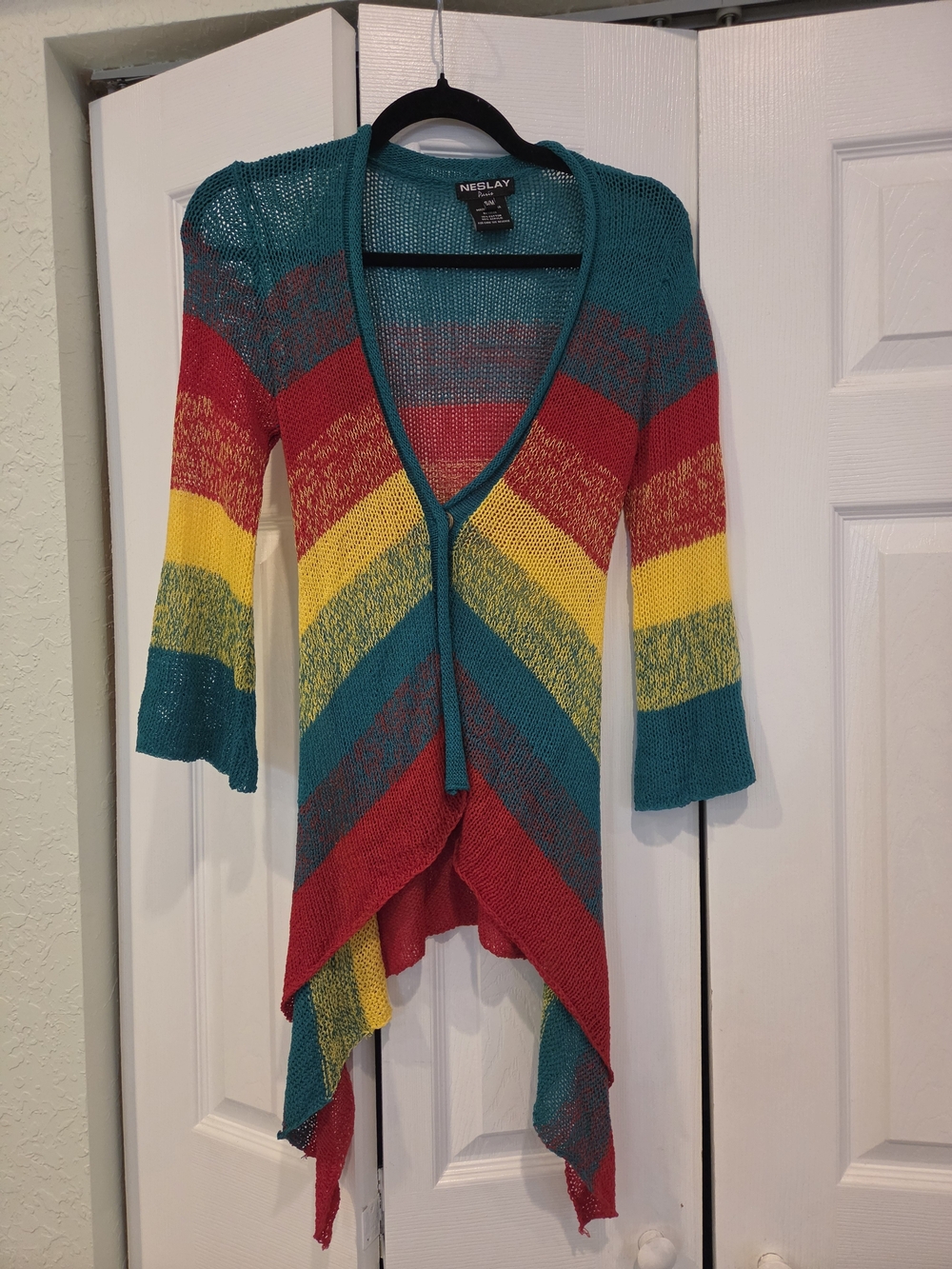 Y2K Teal Multi-Stripe Open Front Women's Sweater Small/medium